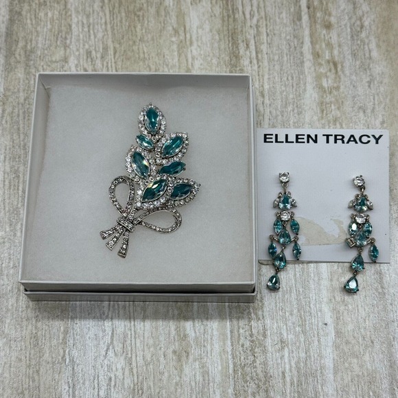 NEW Ellen Tracy Cubic Zirconia Dangle‎ Earrings & Broach Set Teal - Picture 1 of 8